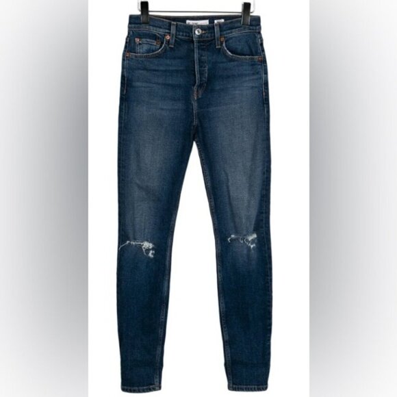 NWT RE/DONE High-Rise Cotton Distressed 5 pocket Dark Wash Skinny Leg Jeans 25 - Picture 2 of 5